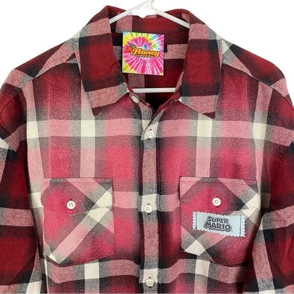 Nintendo Super Mario Flannel Shirt Mens Large XL Retro Handmade Upcycled Red - Picture 3 of 12